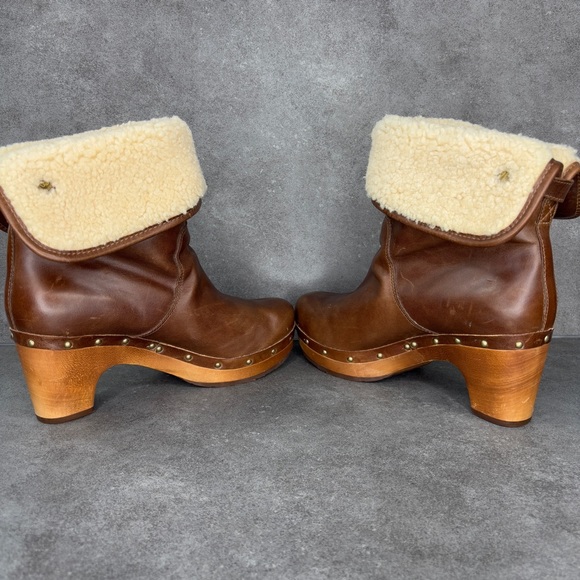 UGG 1958 Lynnea Leather Studded Foldover Clog Boot Shearling Cuff, Brown, Size 6 - Picture 6 of 11